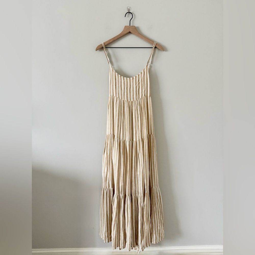 NWT Elan Curry Stripe Linen Blend Midi Dress in Tan and Cream Stripe Size M - Picture 3 of 8